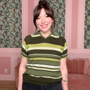 Vintage v neck collared top with multi green stripes